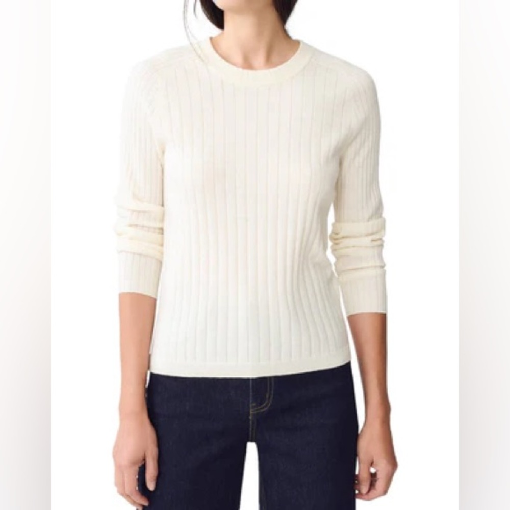 J. McLaughlin Anika Wool Blend Sweater Sz Large Wide Rib Crewneck Ivory